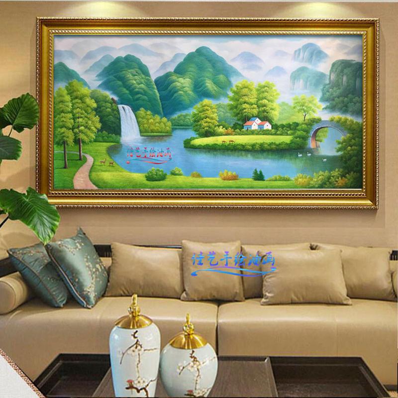 纯手绘风景油画客厅装饰画餐厅玄关挂画聚宝盆小鹿天鹅湖靠山画步图片