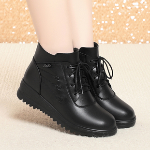 真皮平底妈妈鞋羊毛中跟冬款加绒女靴保暖东北大棉鞋皮毛一体短靴