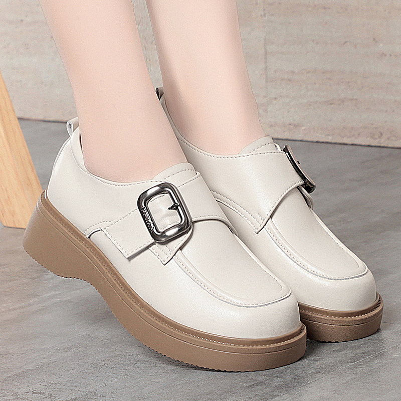 真皮软底坡跟平底英伦风乐福鞋女