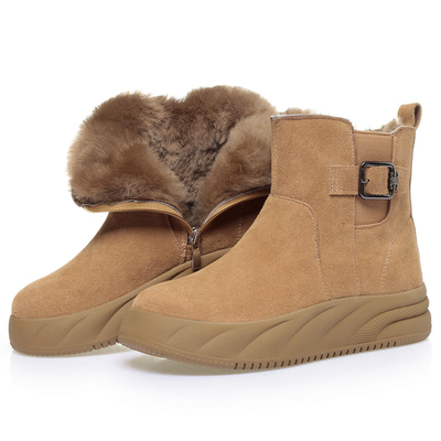 全牛皮雪地靴女羊皮毛一体马丁靴