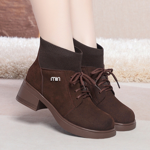 2025新款秋冬季真皮短靴女单鞋切尔西靴粗跟加绒棉鞋软底马丁靴女