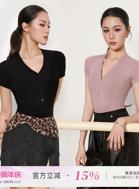 dancebaby拉丁舞服女成人舞蹈服练功服上衣新款形体跳舞服短袖424