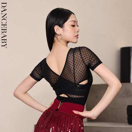 拉丁舞服专用练功服女上衣服装舞衣网纱新款成人夏季黑色短袖YS49