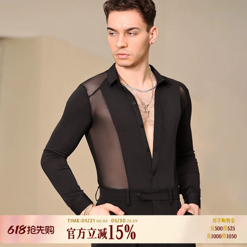 男士网纱拼接连体衬衫YD141
