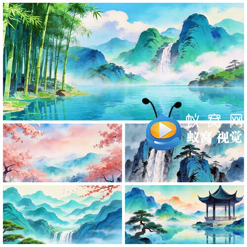 S7581国风水墨山水 春到湘江 古筝演奏江南山水 唯美背景视频素材