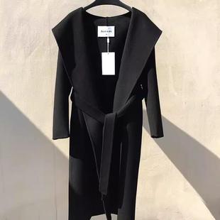 定制手工双面羊毛羊绒2024女新款中长款驼色系带连帽腰带大衣