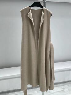 福利50%羊绒双面手工马甲羊绒大衣通勤无领女系带无袖中长外套