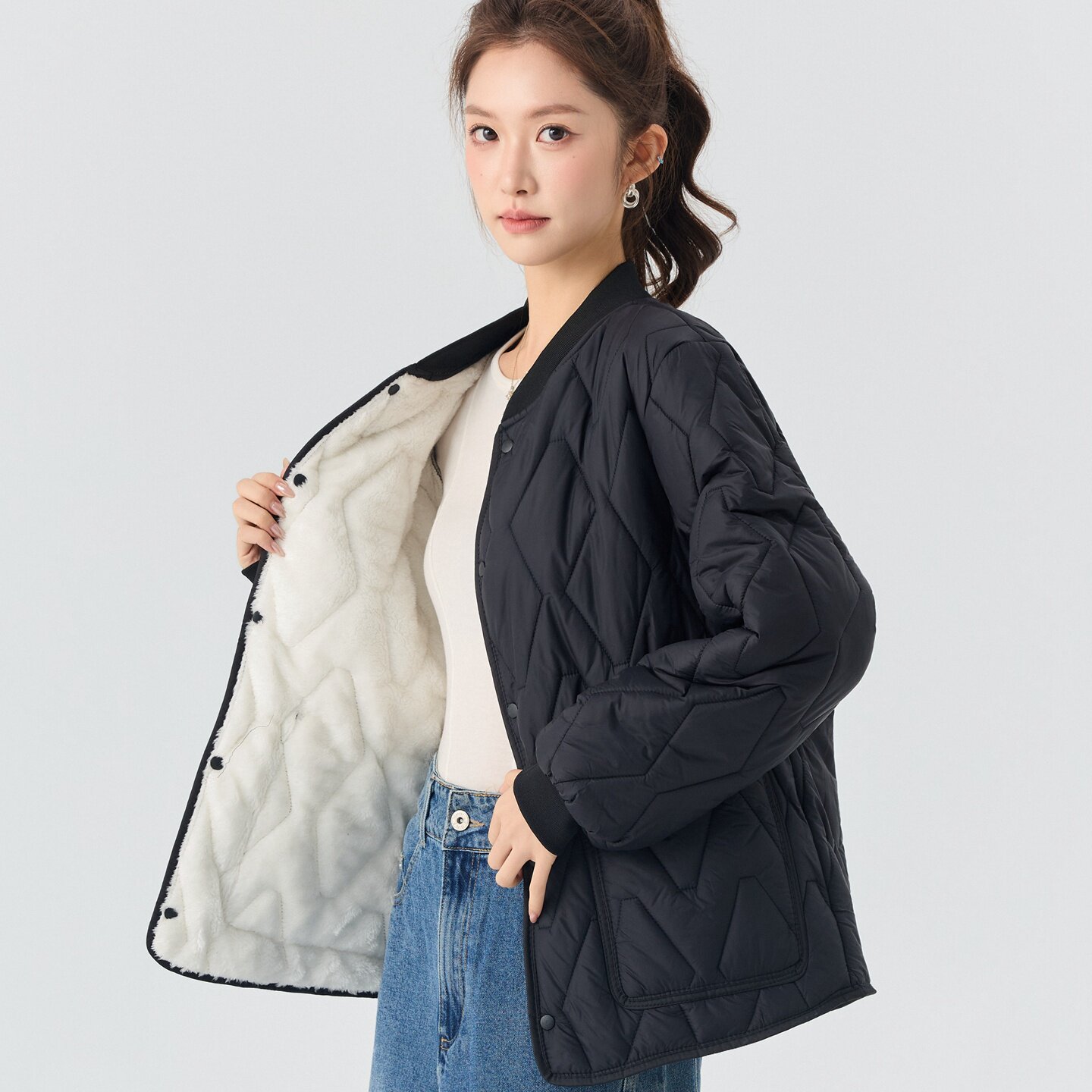 冬季加绒加厚宽松棉衣女士保暖