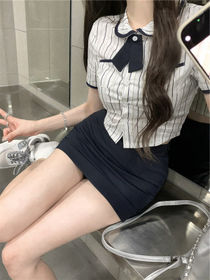 学院风条纹短袖衬衫jk制服套装女