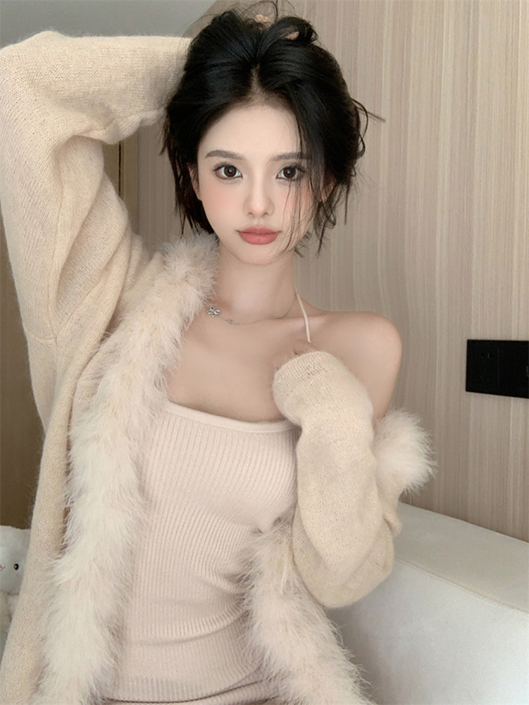 辣妹慵懒毛衣外套女秋冬纯欲风马海毛针织开衫包臀连衣裙两件套装