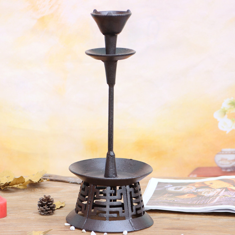 复古怀旧铸铁烛台灯座中式禅意摆件铁艺家用装饰老式酥油蜡烛台架