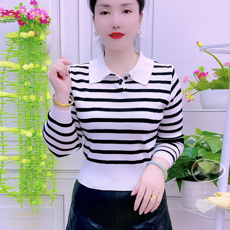 条纹长袖打底衫上衣女2026春秋新款小个子针织衫撞色修身显瘦百搭