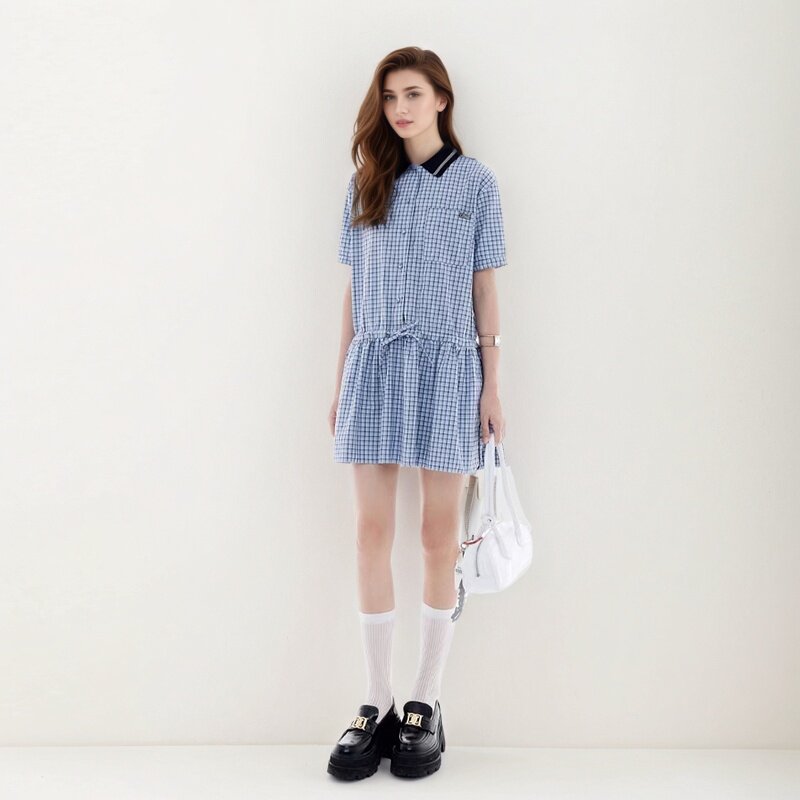 【商场同款】2025夏季新款蓝色格子小翻领航海穿搭休闲女裙连衣裙