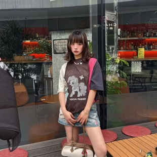 2026夏新宽松拼色印花小马图案拼布圆领短袖 上衣女T恤 奢定SHX