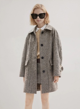 【奢定SHX】2025冬季新款宽松气质复古千鸟格中长大衣女毛呢外套