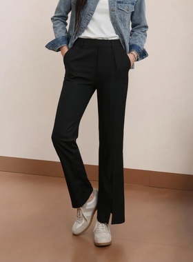 【奢定SHX】秋冬大码高腰显瘦弹力微喇裤梨型身材开叉黑色休闲裤