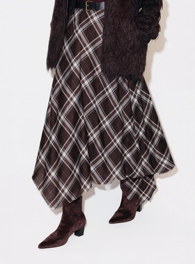 【奢定SHX】2025冬季新款灰棕格纹不规则裙摆失衡感轻摇滚半身裙