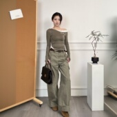 设计师款 2026年早春新美式 工装 阔腿裤 女宽松显瘦军绿色弯刀裤