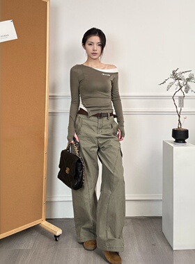 【设计师款】2026年早春新美式工装阔腿裤女宽松显瘦军绿色弯刀裤