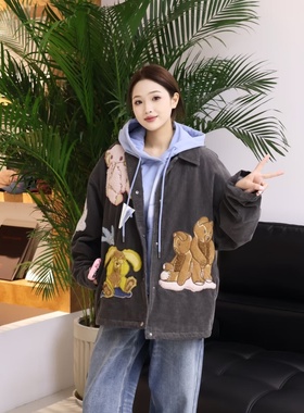 【奢定SHX】2025冬新百搭宽松时尚卡通图案撞色立体贴布刺绣棉服