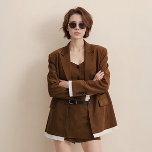 商场同款 复古时髦棕咖西装 2025秋季 设计师款 外套短裙套装 新品