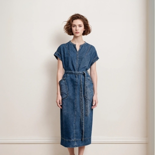 2026夏新款 中长款 休闲腰带直筒圆领气质水洗牛仔裙女 奢定SHX