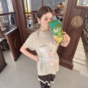 休闲宽松卡通印花圆领中长款 奢定SHX 2026夏新款 T恤女 棉质短袖