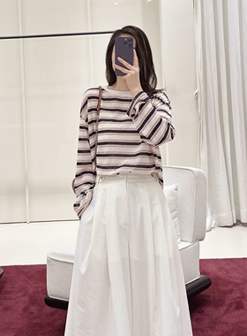 现货【奢定SHX】2026夏新休闲衣摆抽绳几何条纹棉麻针织衫T恤女
