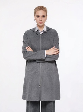 现货【奢定SHX】2025秋羊毛宽松连帽直筒外套插肩袖长款大衣外套