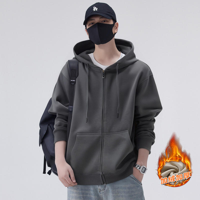 男士加绒加厚连帽卫衣开衫外套潮