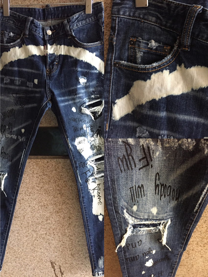 欧洲站新品流行时尚秋冬款破洞刮磨个性DSQ2青年男 裤 水洗 牛仔