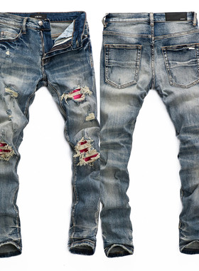 欧洲站新品水洗破洞立体裁剪修身时尚百搭青年小脚AMIR牛仔裤男