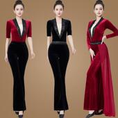 女e礼物仪走秀修身 舞蹈练功服丝绒套装 优雅新品 喇叭裤 款 训练服装