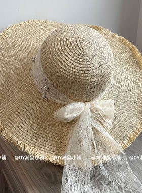 凹造型大帽檐蕾丝蝴蝶结珍珠草帽