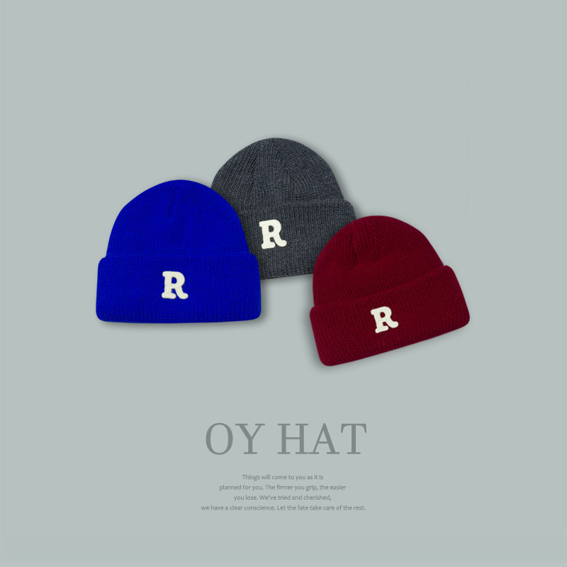 日系R字母克莱因蓝毛线帽子女秋冬季保暖护耳休闲百搭针织帽学生