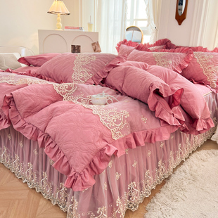 全棉床笠式床裙款四件套夹棉加厚床罩公主风纯棉花边双人被套床品