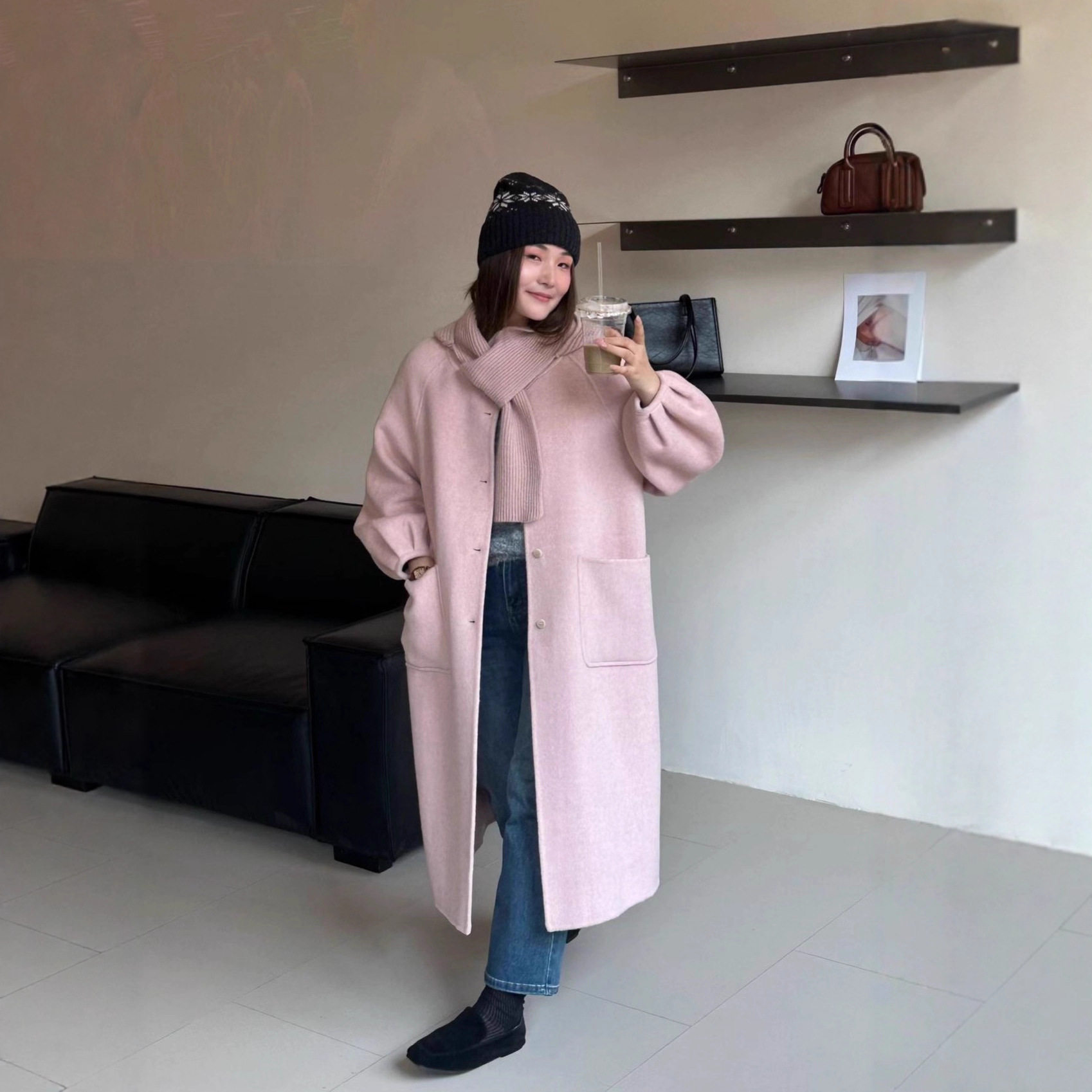 慵懒风可拆卸针织帽灯笼袖双面羊毛大衣女长款设计款保暖加厚外套