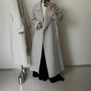 围巾新款简约双面加厚保暖羊毛大衣长款阔版腰带款式羊绒毛呢外套