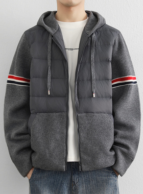 意大利针织拼接连帽羽绒服男短款加厚保暖外套灰色潮流羽绒夹克男