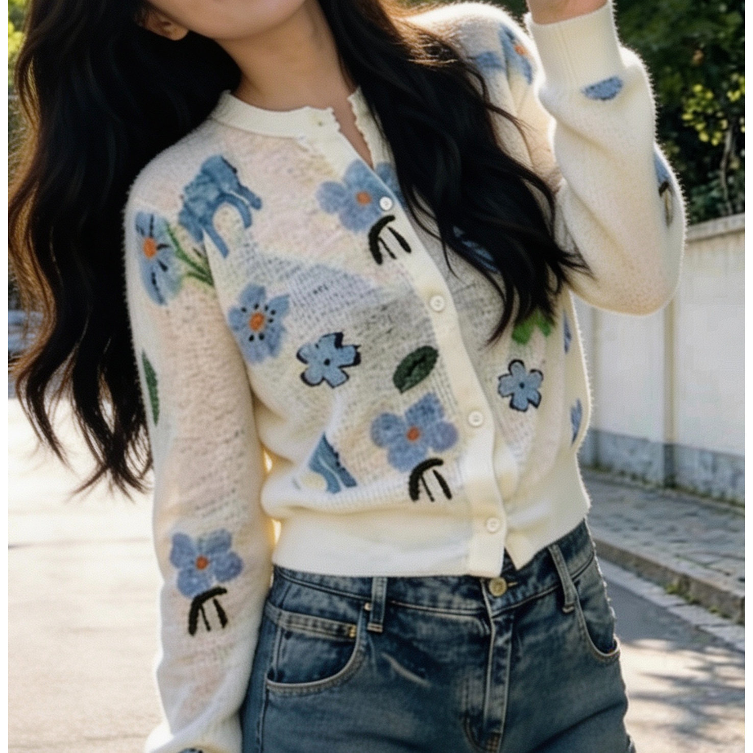 蓝花早春时尚百搭休闲针织女生复古薄款开衫毛衣优质版