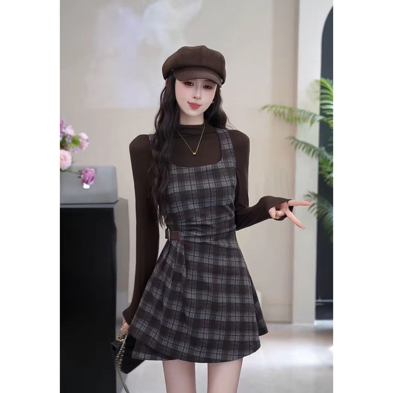 甜美可爱格纹超仙收腰连衣裙女学生秋季+蓝色针织上衣两件套