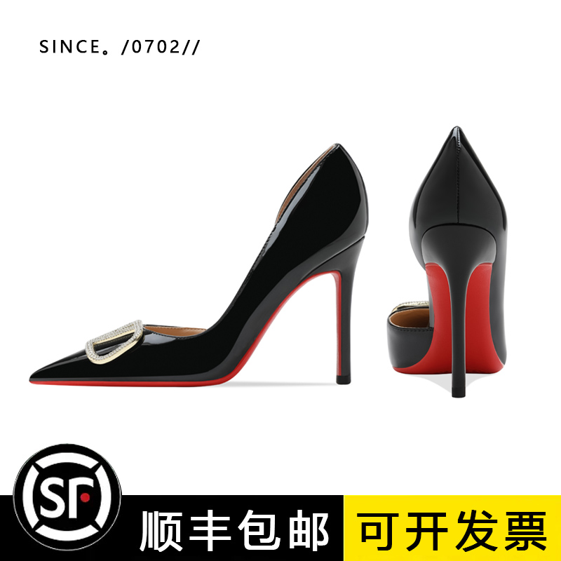 尖头细跟性感V家扣红底高跟鞋