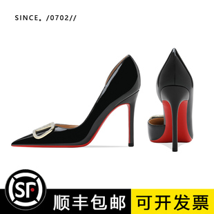 尖頭職業(yè)V家扣細(xì)單鞋 女2025年新春秋款 性感側(cè)空紅底黑色高跟鞋