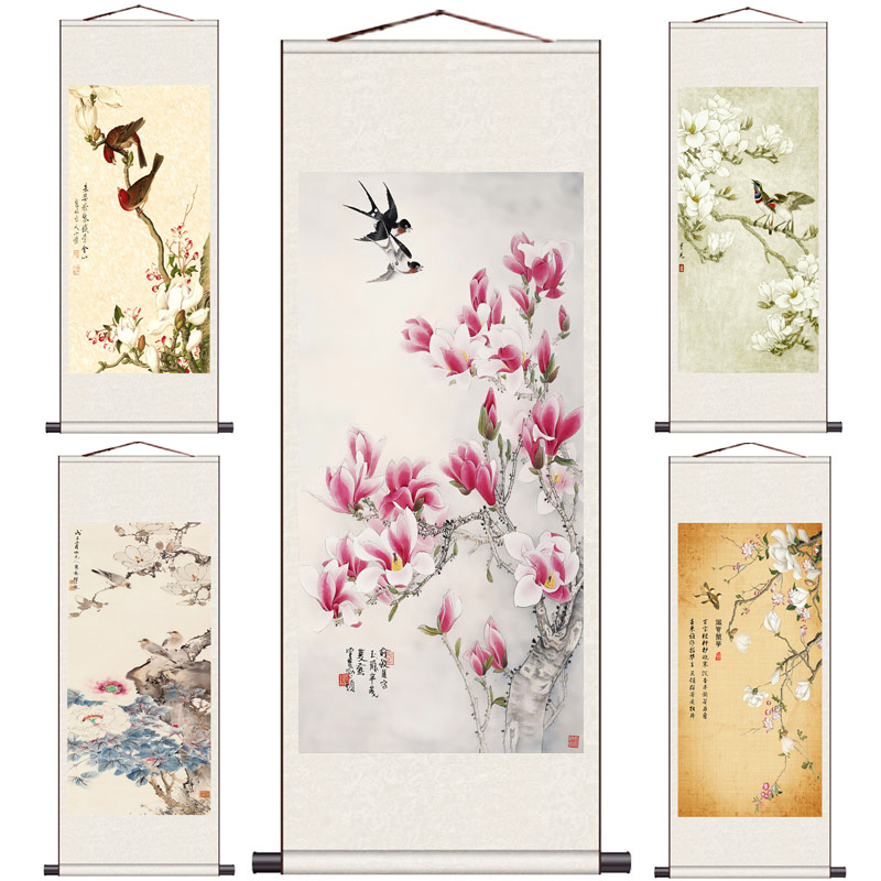 玉兰花卷轴画兰花花鸟画丝绸画绢画仿古画宣纸挂画装饰卷轴国画