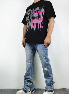 国潮小众刀割破洞水洗毛边开衩牛仔裤男休闲修身显瘦百搭微喇长裤