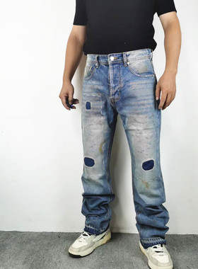 水洗做旧复古脏洗补丁宽松休闲百搭直筒微喇毛边痞帅泥染男牛仔裤