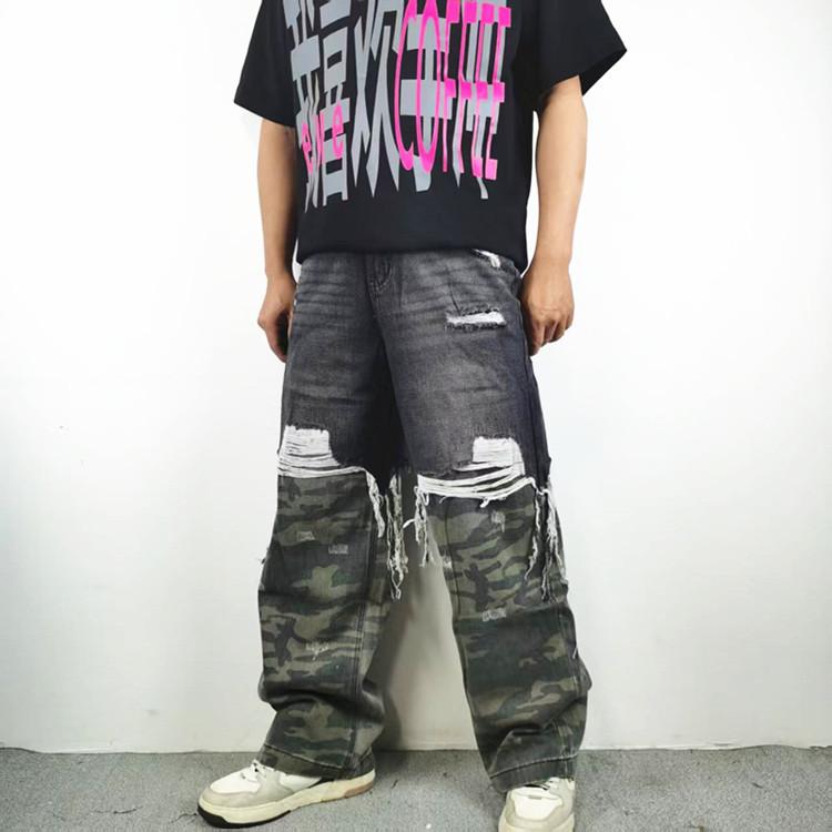 假两件拼接迷彩做旧破烂牛仔长裤