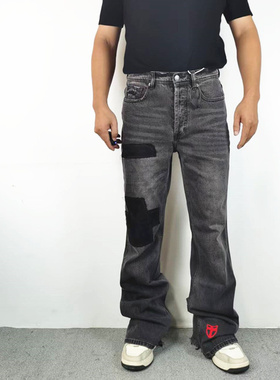 RED忧郁的富二代灯芯绒贴布破坏拼接水洗做旧休闲微喇叭牛仔裤潮