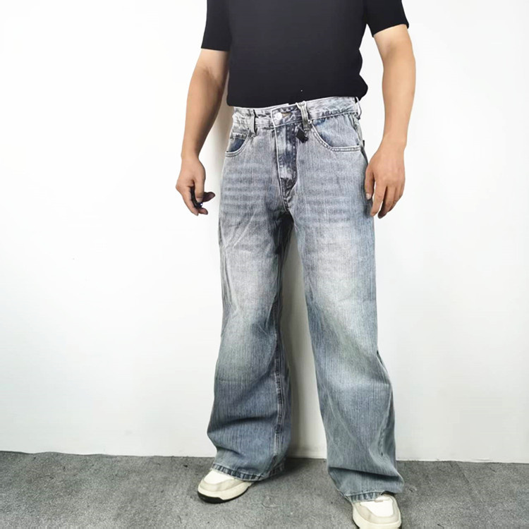 巴黎风格褶边设计微喇男牛仔长裤