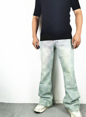 美式街潮ins网红水洗浅蓝宽松驴家风格男女休闲棋盘格微喇牛仔裤